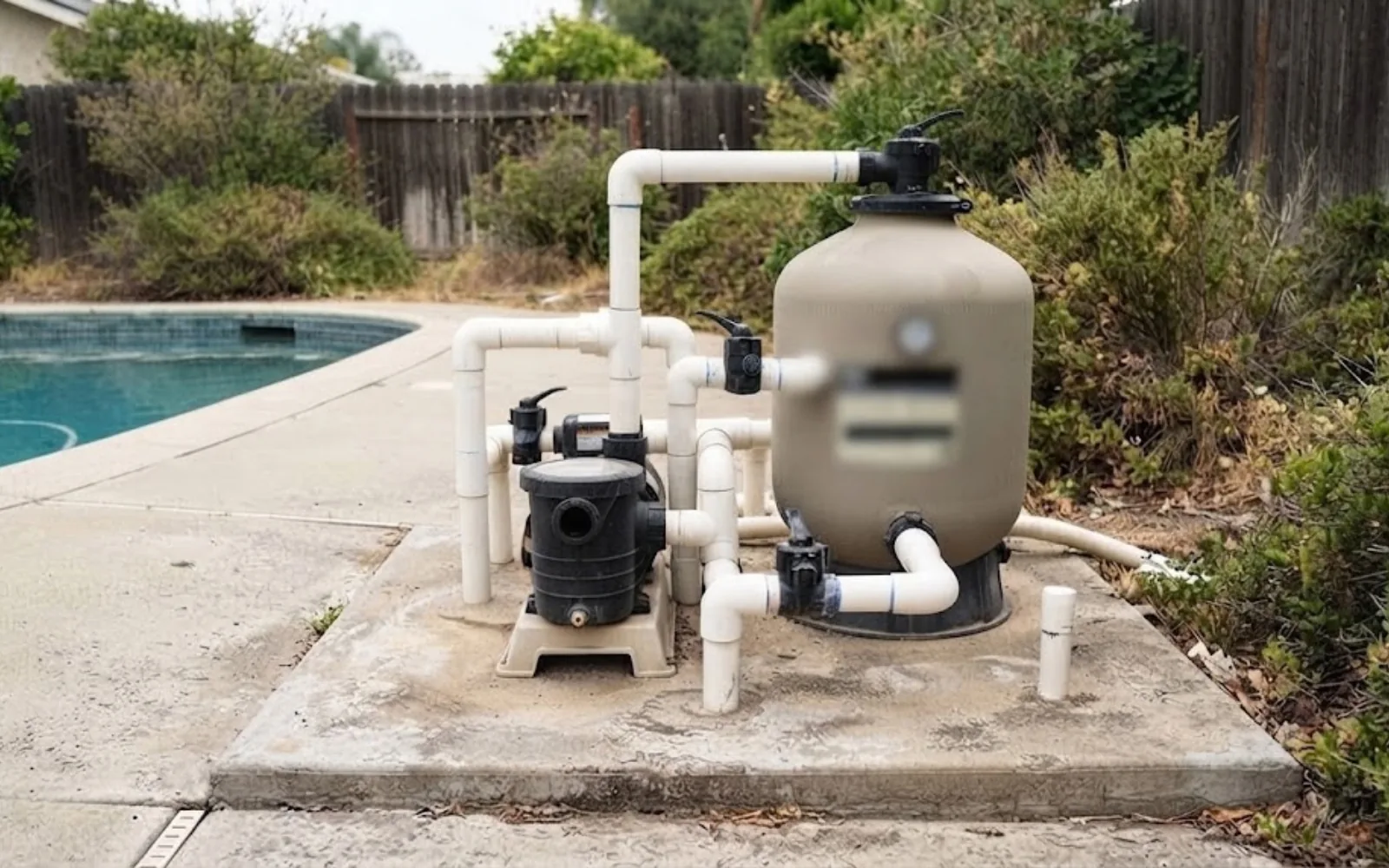 Residential in-ground pool equipment pad with visible plumbing connections