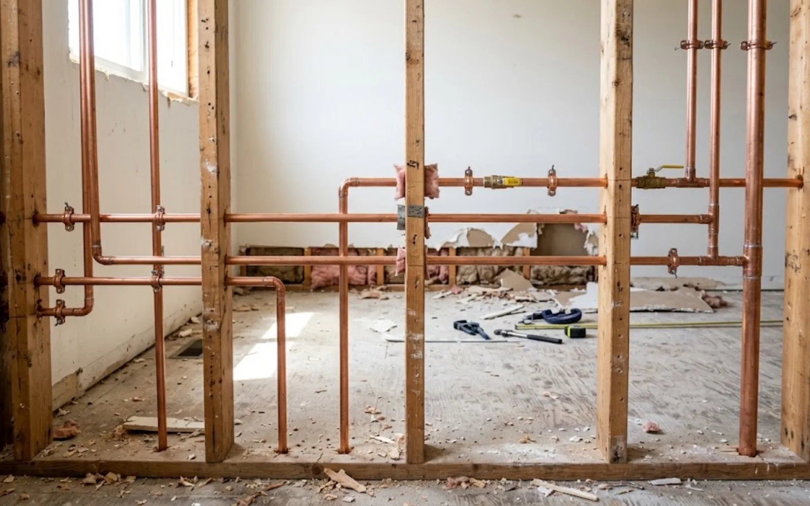 New copper pipe supply lines installed along a wall stud during a repipe project