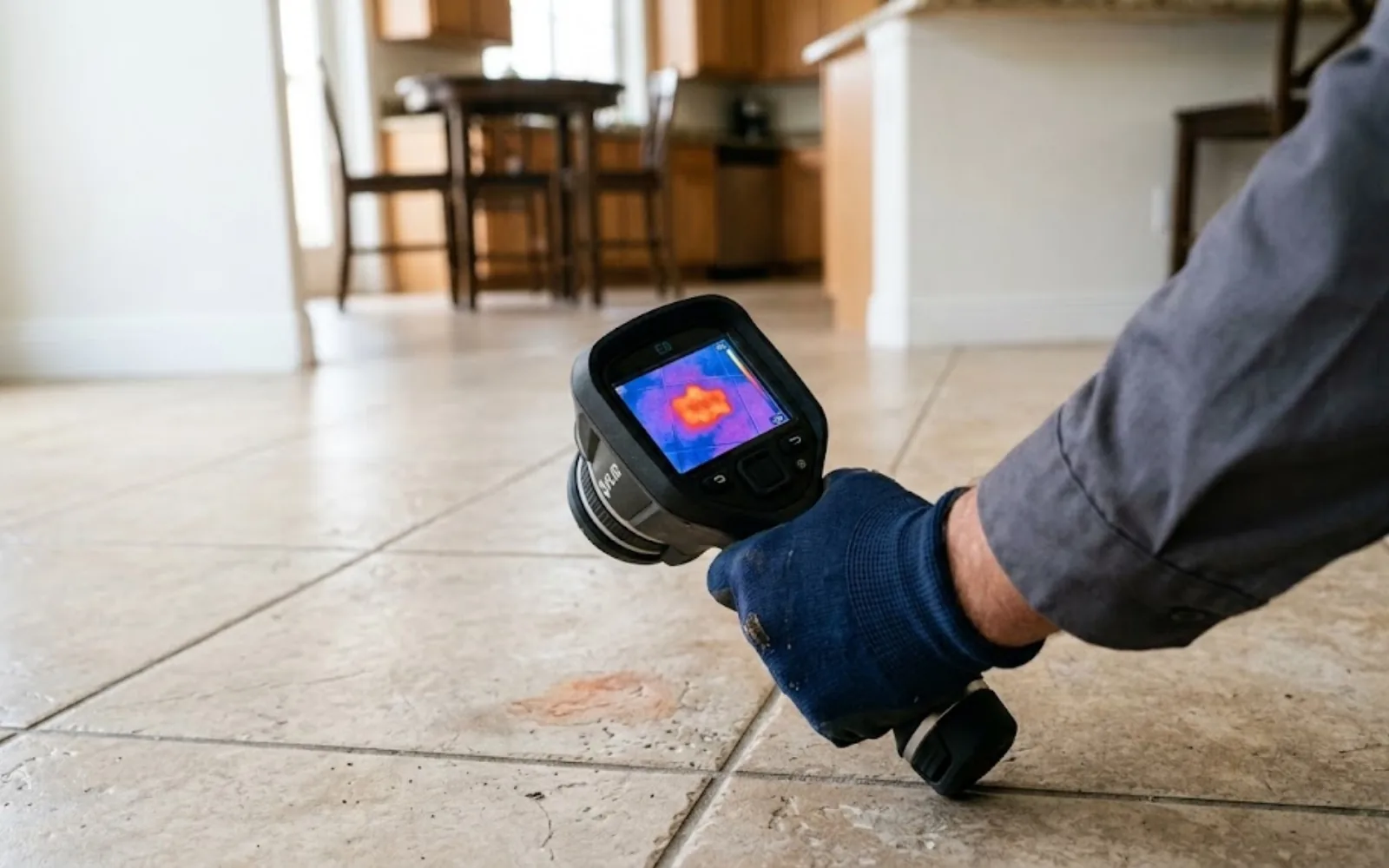 Plumber using slab leak detection equipment on a concrete floor