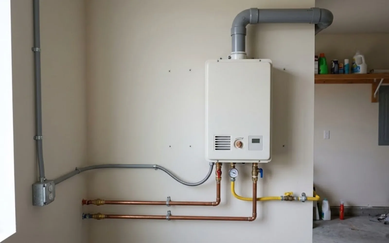 Wall-mounted tankless water heater unit in a residential utility space