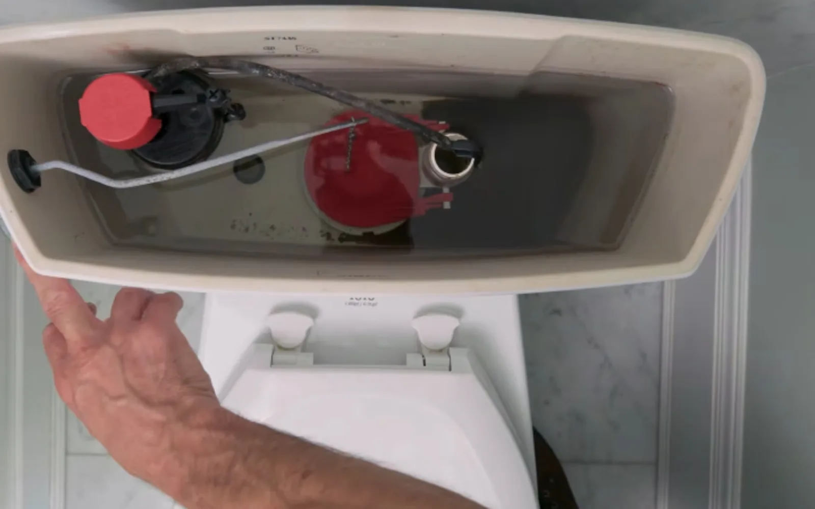 Toilet installation in progress showing tank and bowl connections