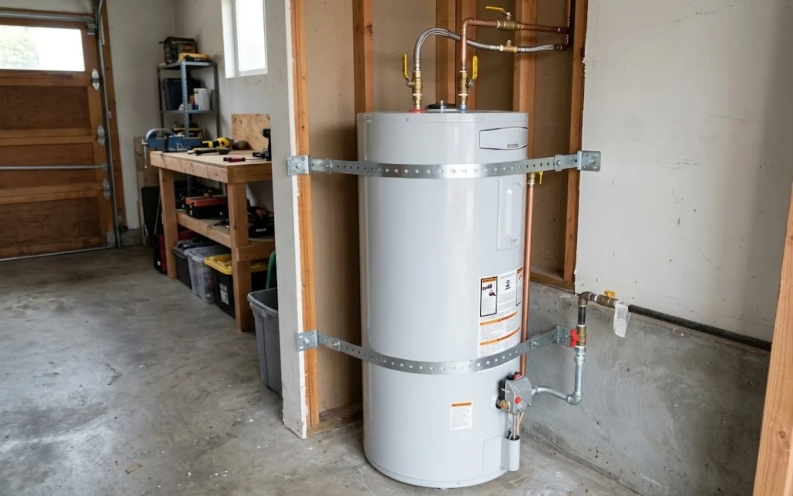 New water heater tank installed with seismic strapping and updated connections