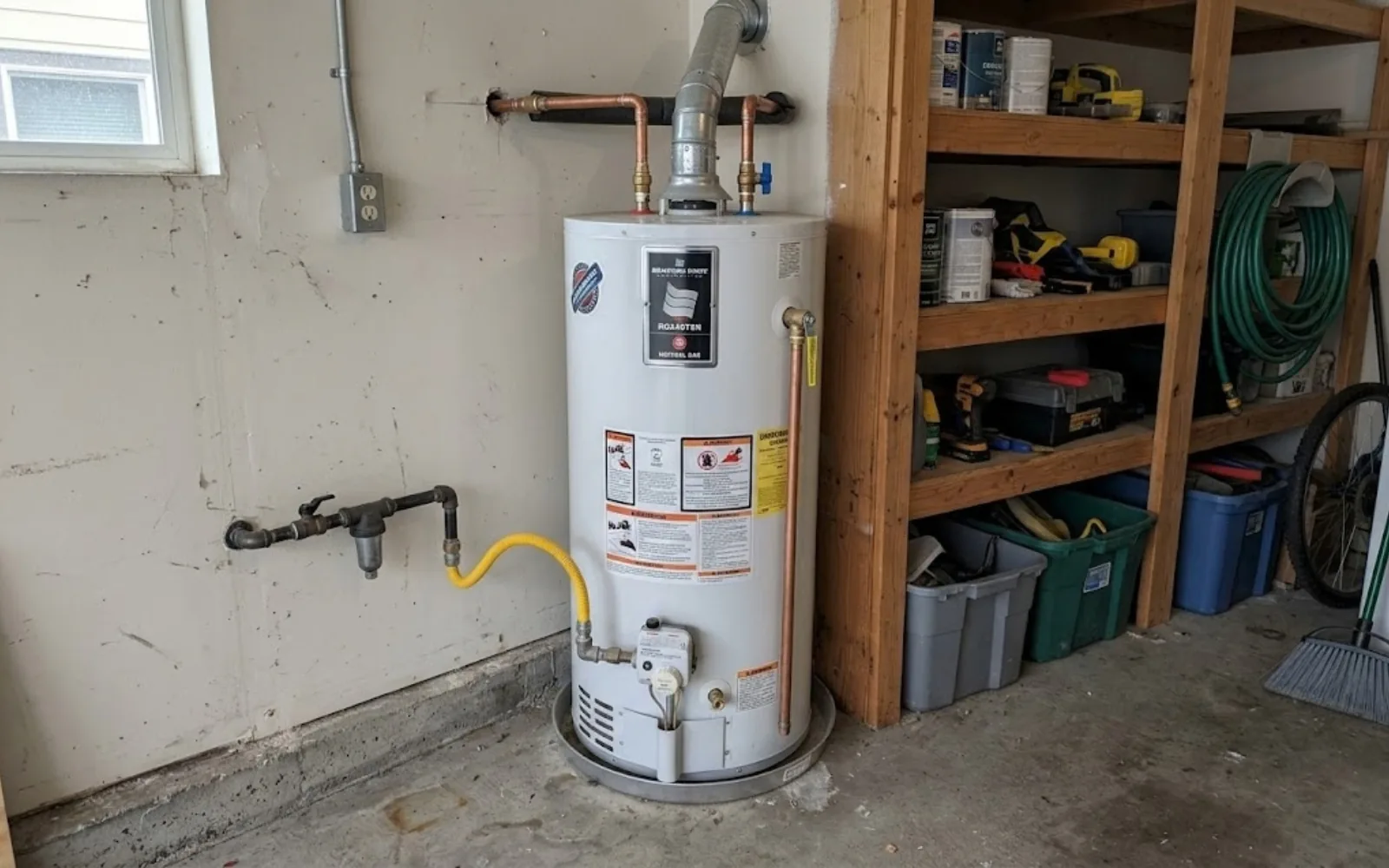 Residential gas water heater in a garage with copper supply lines and a yellow gas connector visible