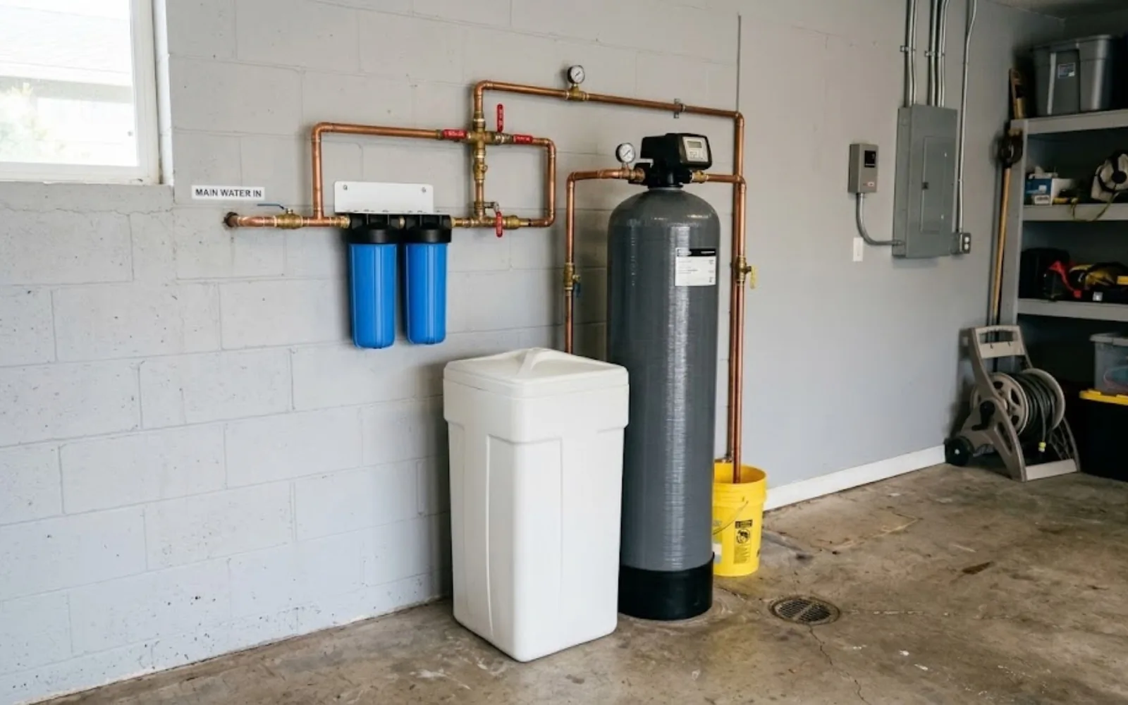 Whole-home water softener and filtration system installed near a home's main water line